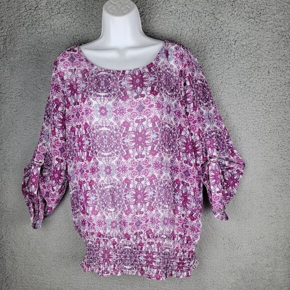 Fever Womens Blouse Top  Large Elastic Smocked Waist Tab Sleeves Sheer Floral - Picture 14 of 16